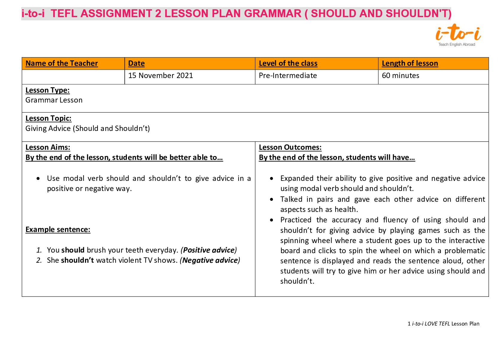 tefl assignment 3 reading lesson plan